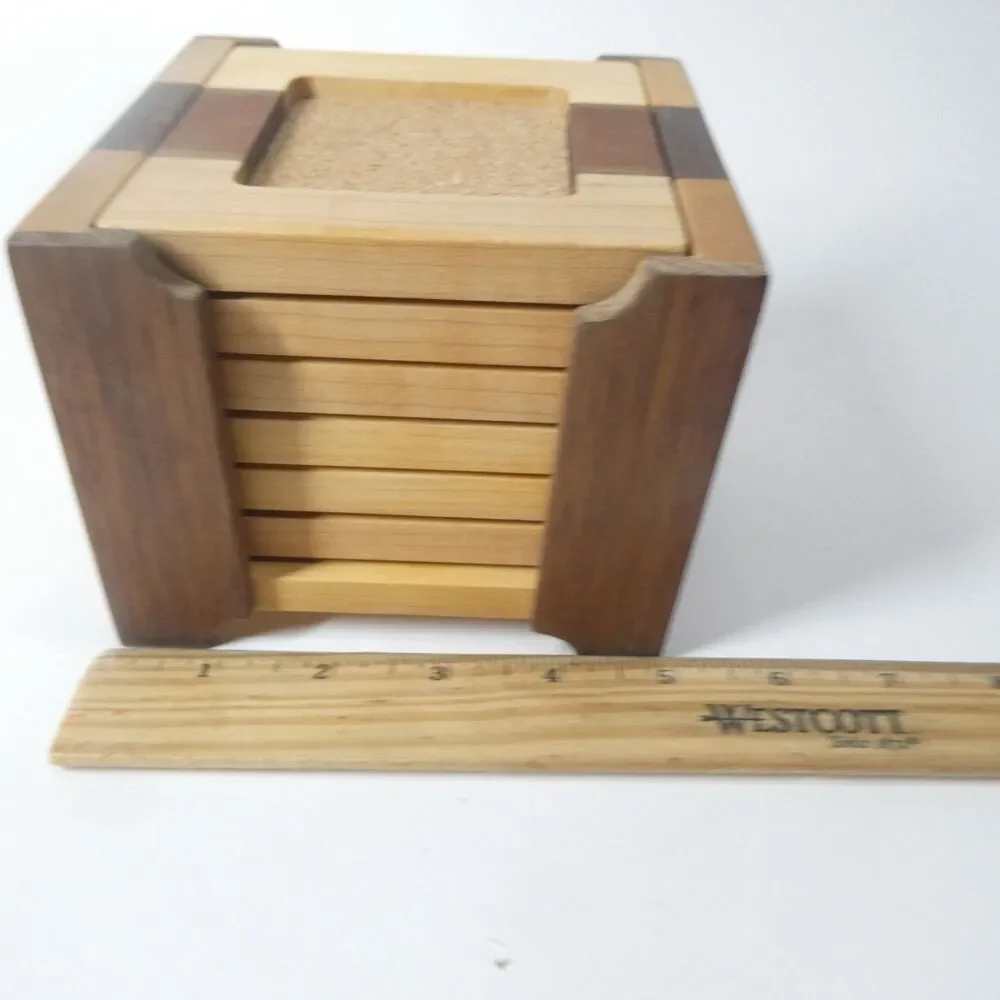 Handmade Wooden Coasters Set 6 w/Holder Handcrafted Signed Artisan Woodworking - Picture 5 of 10
